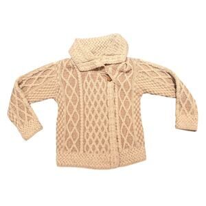 Carraig Donn Merino Wool Cable Knit Zip Cardigan Sweater Cream Ireland - S